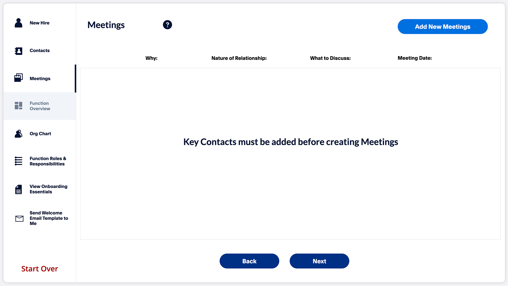 Version 1 of the portal: a sidebar wizard with sequential steps and an empty Meetings screen blocked by the message 'Key Contacts must be added before creating Meetings'