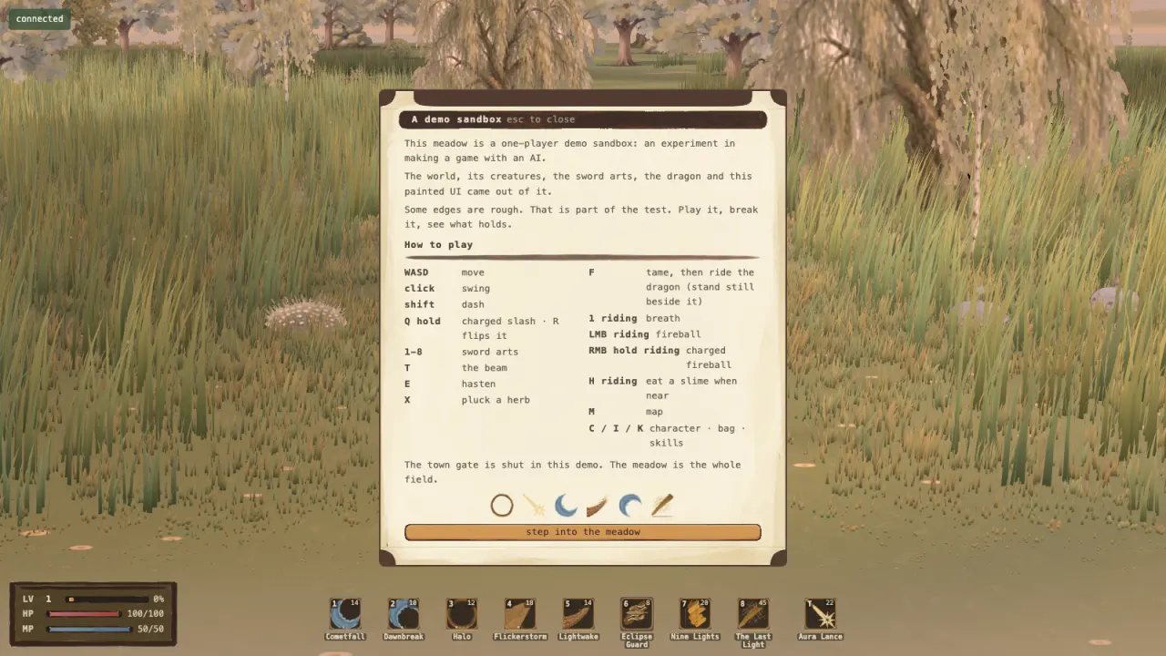 Sandbox Demo in the browser: the demo's painted intro card over a meadow of tall grass and willows, with the nine-skill hotbar and LV/HP/MP meters along the bottom