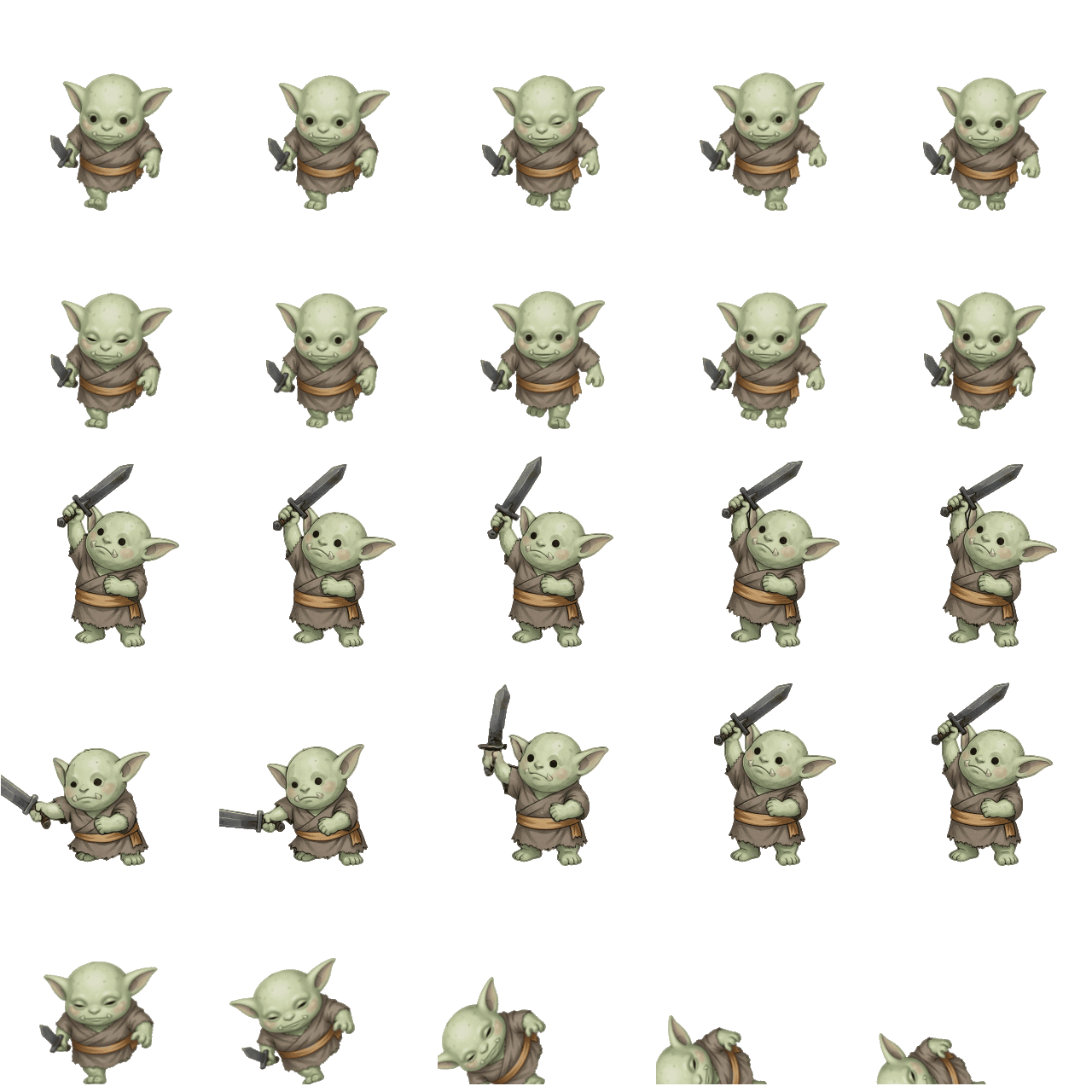 The top band of a goblin sprite sheet: five columns of a small green goblin in a brown tunic, the first two rows walking with a dagger, the next two winding up and swinging a sword, the last row crouching and lunging toward the viewer