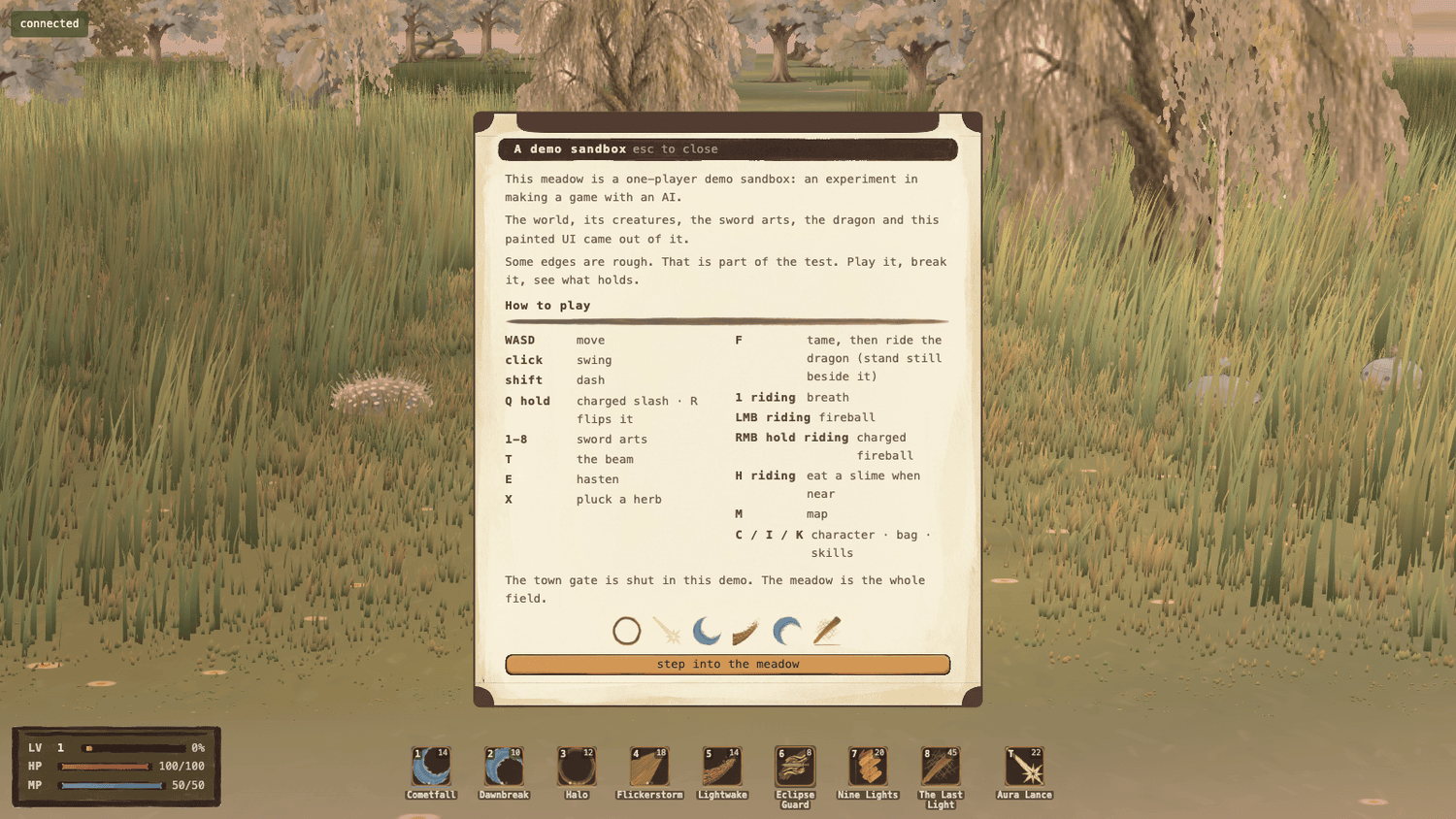 The demo's painted intro card over a meadow of tall grass and willows, headed 'A demo sandbox' with 'esc to close' in its title bar, three short paragraphs of intent, a two-column 'How to play' key table, the line 'The town gate is shut in this demo', six sword-art glyphs and a 'step into the meadow' button; the hotbar of nine skills and the LV/HP/MP meters sit along the bottom