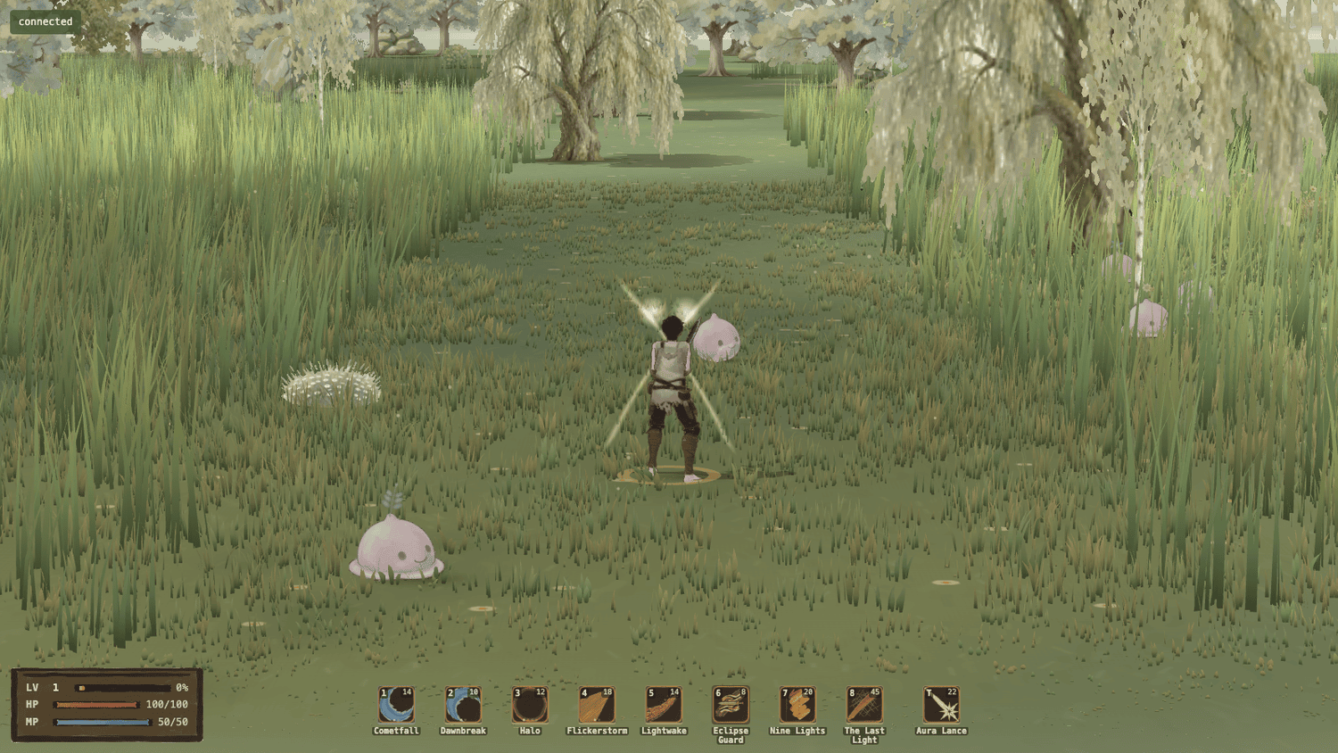 The Drifter mid-swing with a bright cross-shaped slash flare over a Jelling beside him, willows and oaks behind, another slime watching from the left