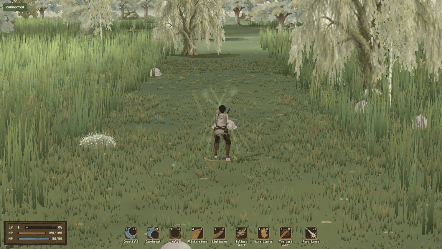 The Drifter seen from behind as a slash flare fades above him, a Jelling tucked against his side, dense willow foliage on the right and a spiky white bush on the left