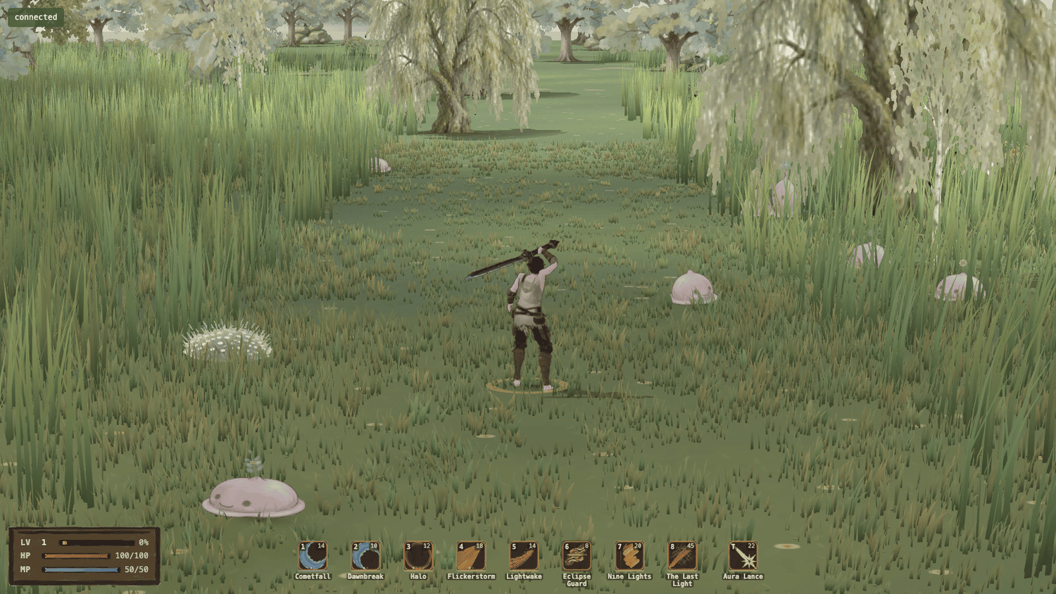 The Drifter holds the dark Nyxblade greatsword high overhead in a ready stance, three Jellings scattered across the clearing, oaks and a weeping willow in the middle distance