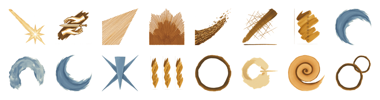 Sixteen painted sword-art icons in two rows of eight on a plain ground: a starburst, hands catching a blade, a fan of hatched lines, a crown of rays, a spray of fragments, a crossed slash, a stacked zigzag, and blue crescent, hook, moon, star and triple-bolt marks, then brown rings, a broken circle, a spiral and linked rings