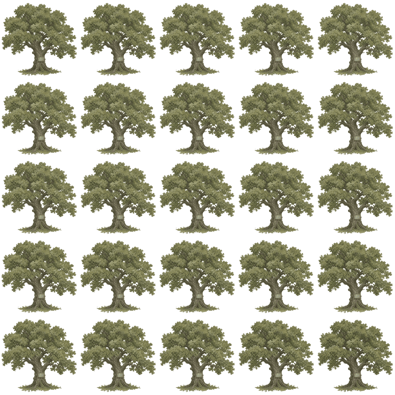 A five-by-five sprite sheet of the same painted oak tree in twenty-five slightly different poses, the canopy shifting a few pixels between frames so the tree sways when played back