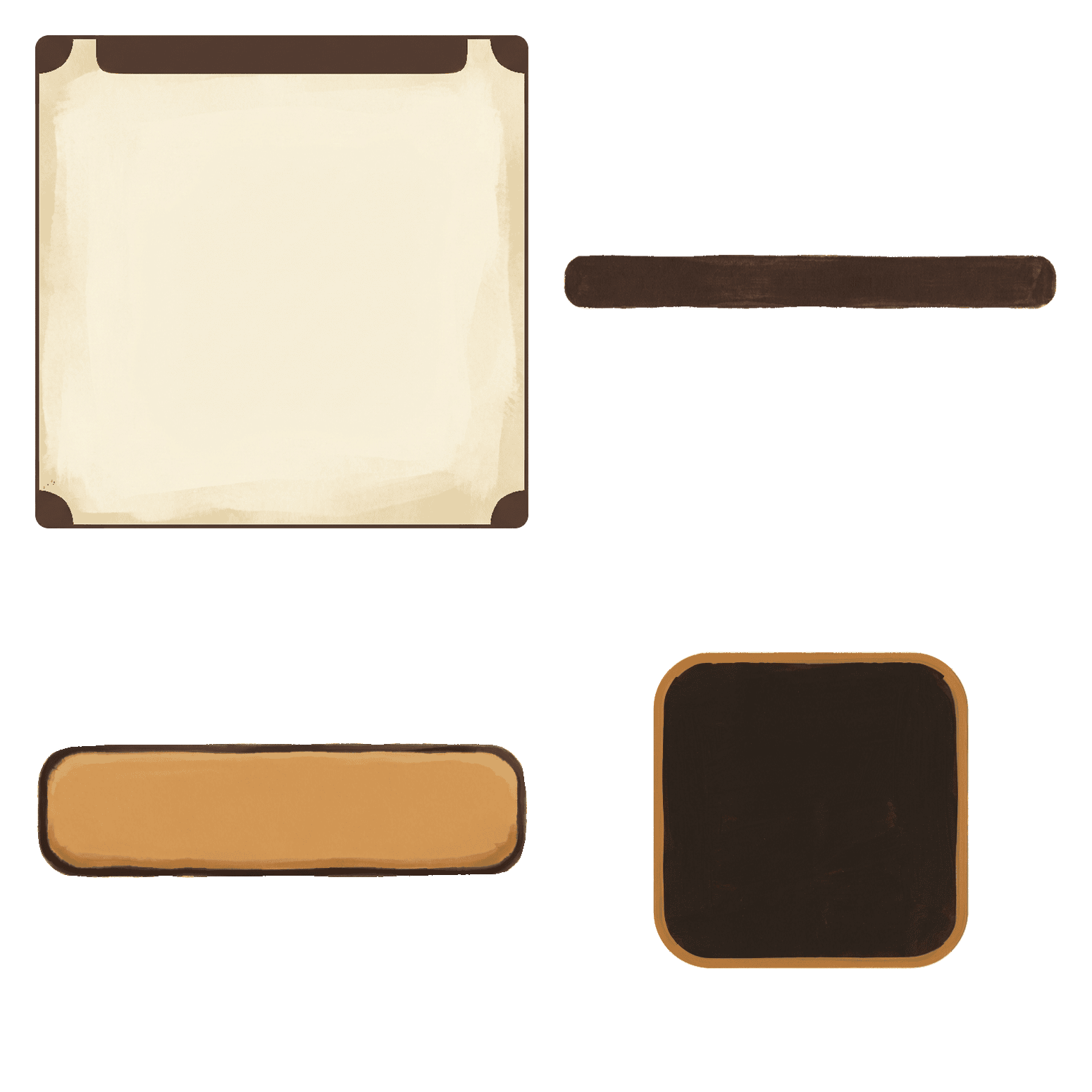 Four painted UI chrome pieces laid out two by two: a cream parchment window panel with dark corner brackets and a dark title bar, a dark rounded title-bar strip, a long amber button with a dark outline, and a dark square inventory slot with an amber rim