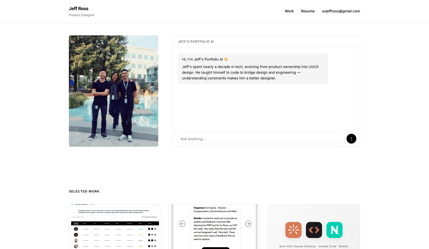The Portfolio AI chat interface on this site's homepage, mid-conversation