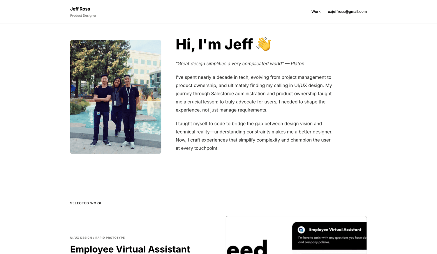 Static portfolio homepage with Jeff's photo, a Platon quote, and three paragraphs of biographical text